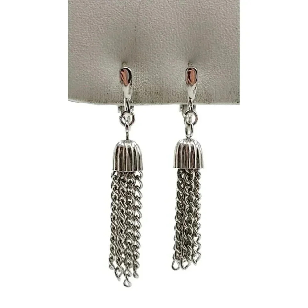 Trifari Chain Tassel Dangle Drop Earring Clip Closure Silver Tone Vintage